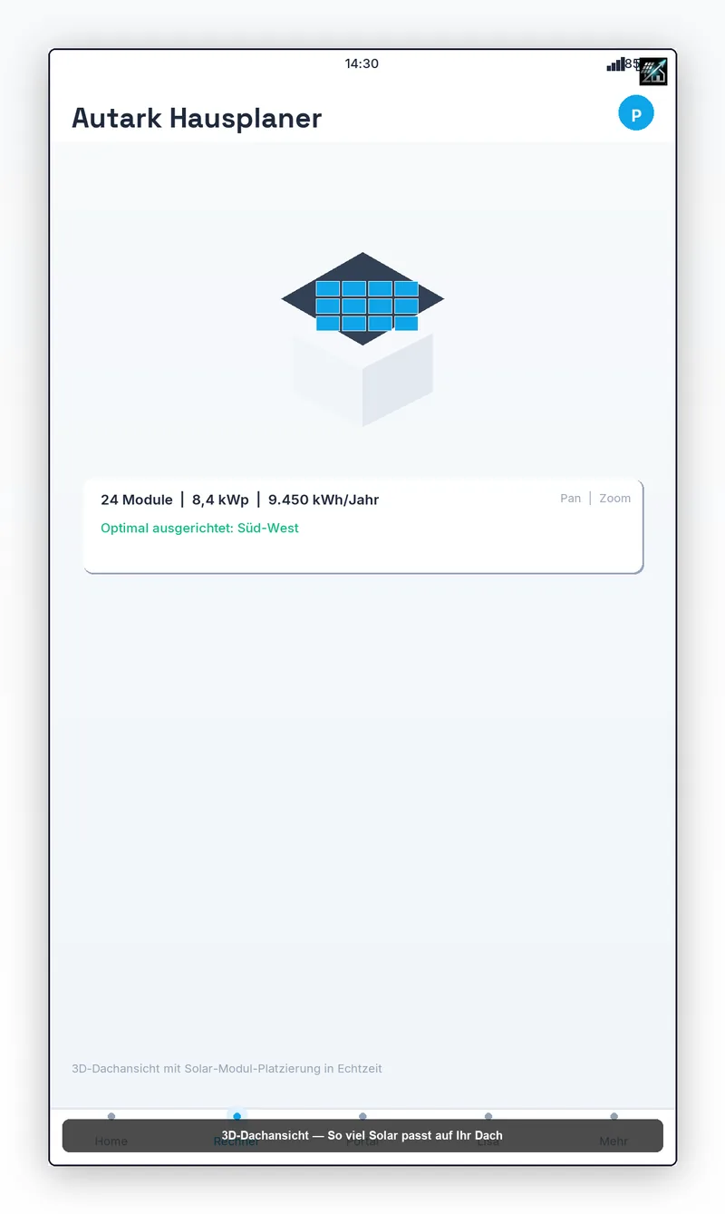 3D-Dachanalyse mit Panel-Layout, 24 Module, 8,4 kWp